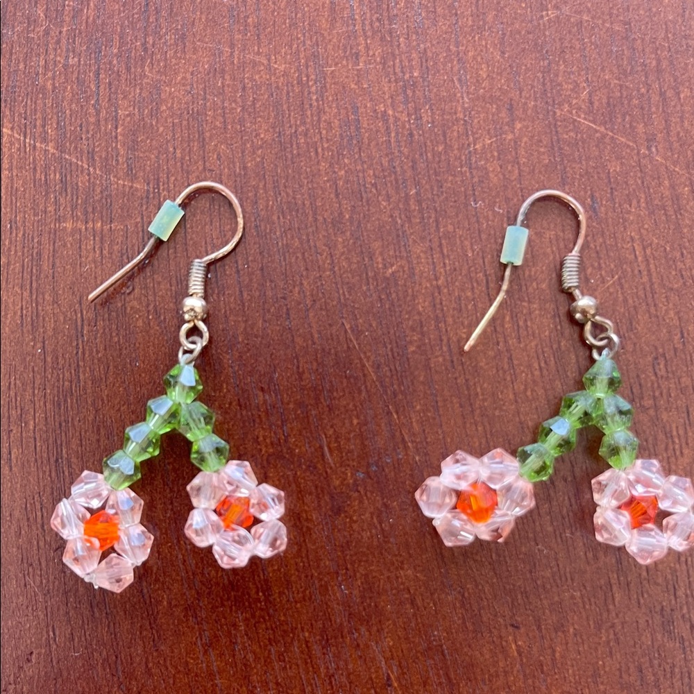 Floral Beaded Earrings with Green, Pink and Orange Accents